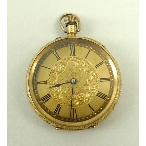 718 - A Victorian 18ct gold cased lady's open faced pocket watch, keyless wind, with Roman numerals to the... 