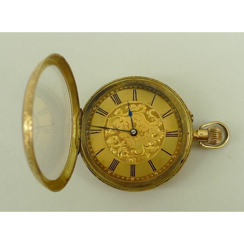 718 - A Victorian 18ct gold cased lady's open faced pocket watch, keyless wind, with Roman numerals to the... 