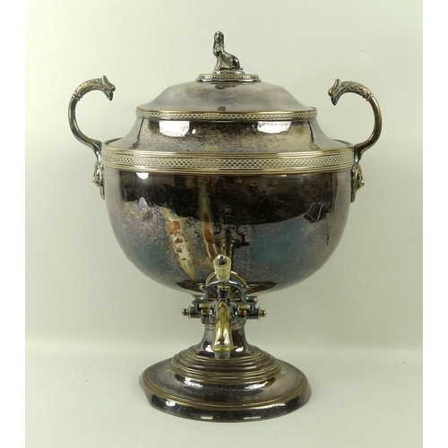 721 - A Regency silver plated tea urn of twin handled oval baluster form, the lid with a sphinx finial, 34... 