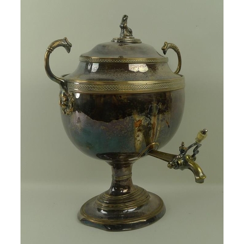 721 - A Regency silver plated tea urn of twin handled oval baluster form, the lid with a sphinx finial, 34... 