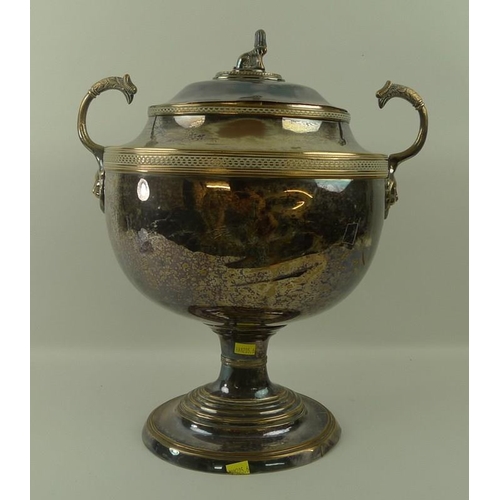 721 - A Regency silver plated tea urn of twin handled oval baluster form, the lid with a sphinx finial, 34... 