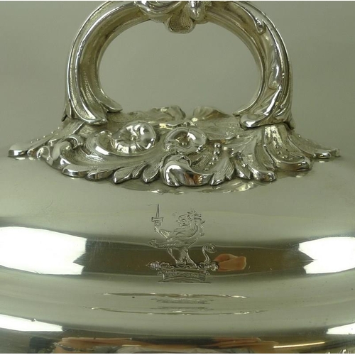 732 - A Regency silver plated tureen and cover, of oval form with twin foliate cast handles, gadrooned rim... 