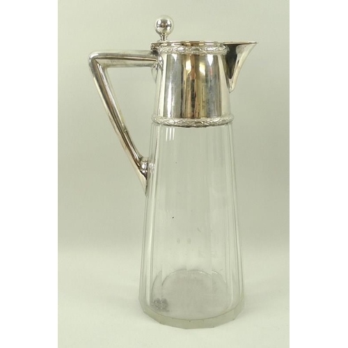 733 - A German, 800 grade, silver mounted glass claret jug, mid 20th century, with hinged lid and angled h... 