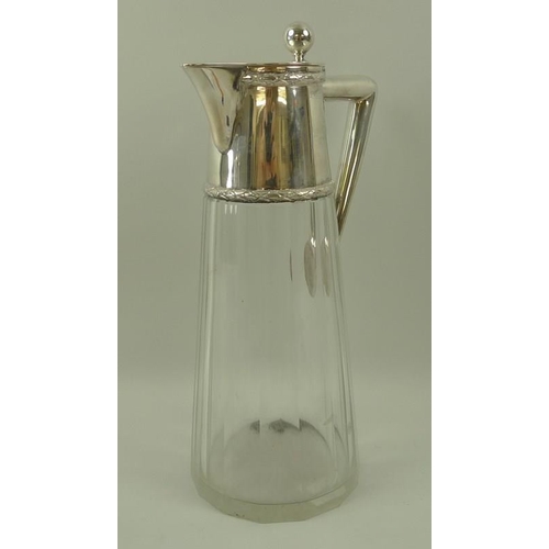 733 - A German, 800 grade, silver mounted glass claret jug, mid 20th century, with hinged lid and angled h... 