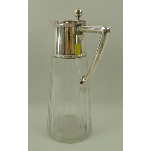 733 - A German, 800 grade, silver mounted glass claret jug, mid 20th century, with hinged lid and angled h... 