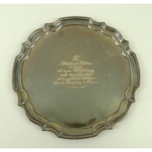 745 - A silver tray, with pie crust Chippendale edge, presentation engraved 'To Mother & Father on their S... 