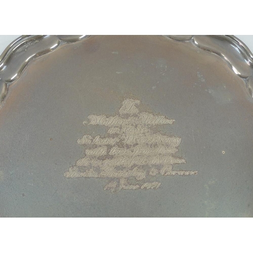 745 - A silver tray, with pie crust Chippendale edge, presentation engraved 'To Mother & Father on their S... 