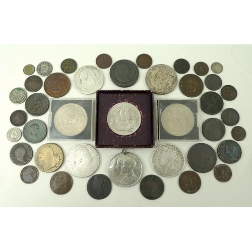 764 - A collection of coins, to include three two George III crowns, one George IIII crown, all well worn ... 