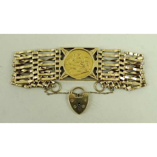 773 - A George V sovereign, 1912, in a square mount on a 9ct gold seven bar bracelet, with safety chain an... 