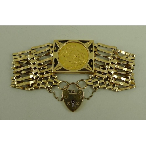 773 - A George V sovereign, 1912, in a square mount on a 9ct gold seven bar bracelet, with safety chain an... 