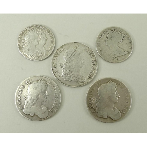 776 - A collection of British silver coins, comprising three Charles II crowns, 1663, 1679 and 1679, a Wil... 