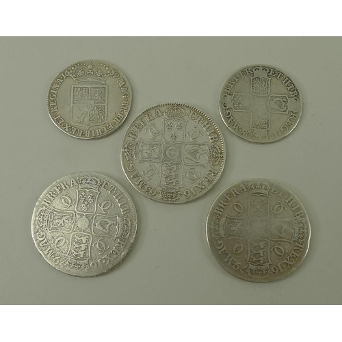 776 - A collection of British silver coins, comprising three Charles II crowns, 1663, 1679 and 1679, a Wil... 