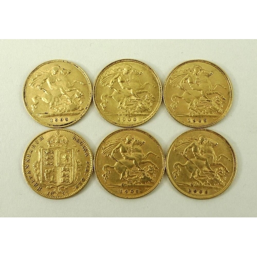 777 - A group of six gold half sovereigns, comprising a Victoria Jubilee bust, shield back, 1892, and five... 