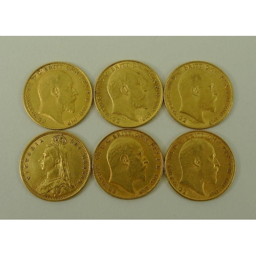 777 - A group of six gold half sovereigns, comprising a Victoria Jubilee bust, shield back, 1892, and five... 