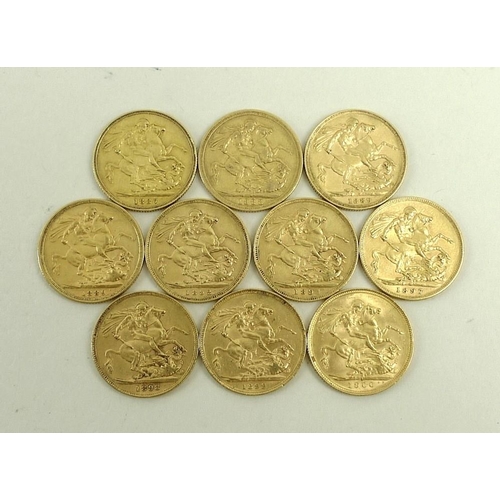 778 - A group of ten Victorian gold sovereigns, comprising 1887, 1888, two 1889, 1892, 1894, 1897, 1898, 1... 