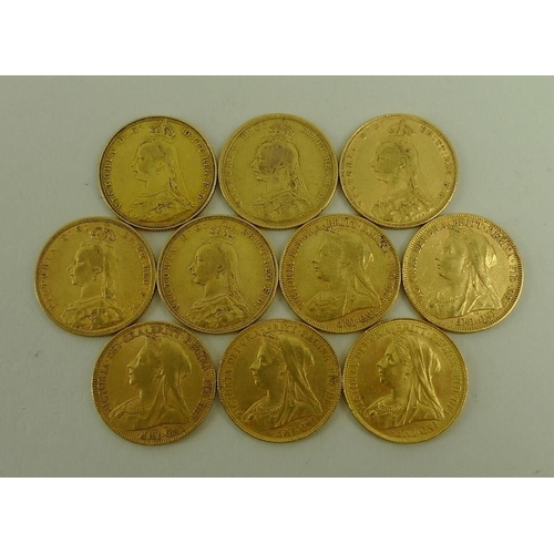 778 - A group of ten Victorian gold sovereigns, comprising 1887, 1888, two 1889, 1892, 1894, 1897, 1898, 1... 