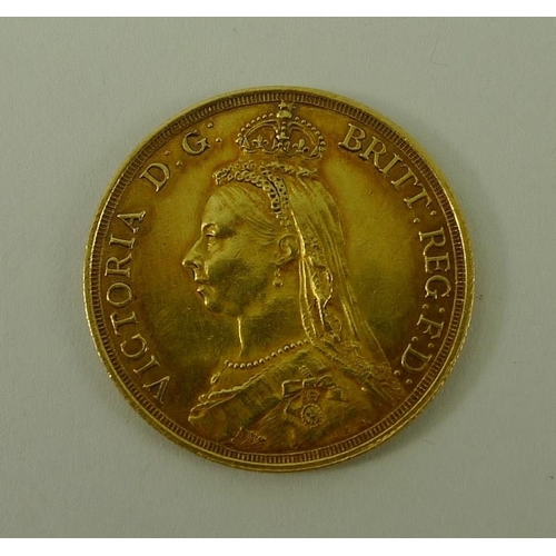 779 - A Victorian Jubilee bust two pound coin (double sovereign), 1887, 16g, 29mm.