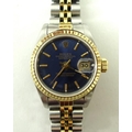 A Rolex lady's Datejust Oyster Perpetual bi metal chronometer wristwatch, blue dial, date aperture, ... 