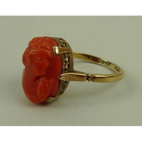 826 - A 19th century coral cameo ring, size L/M.