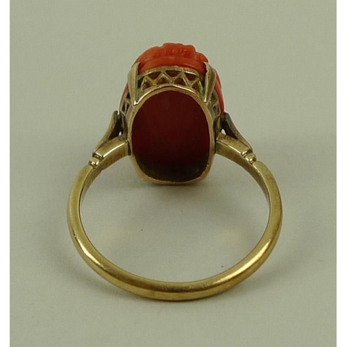 826 - A 19th century coral cameo ring, size L/M.