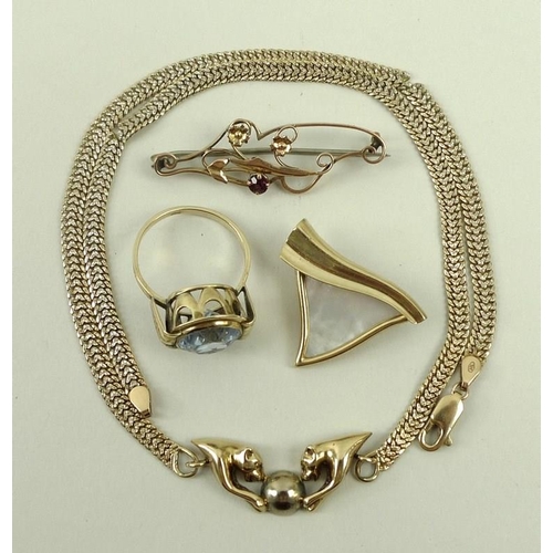 830 - A 9ct gold necklace with two panthers and ball pendant, two brooches, and a ring set with blue stone... 