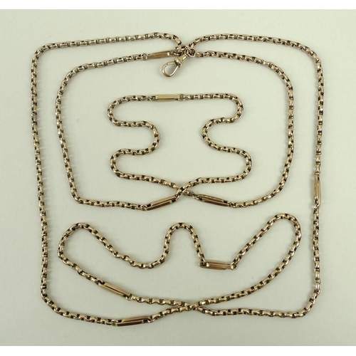 832 - A 9ct gold Albert chain, 142cm, 30g.