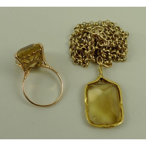 837 - A 9ct gold chain 11g, with citrine pendant within a scroll setting, and a similar ring, size O.