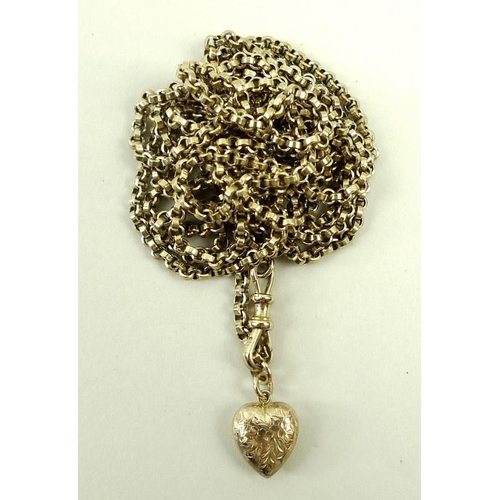 838 - A 9ct gold chain with heart shaped pendant, 74cm, 33.2g total weight.