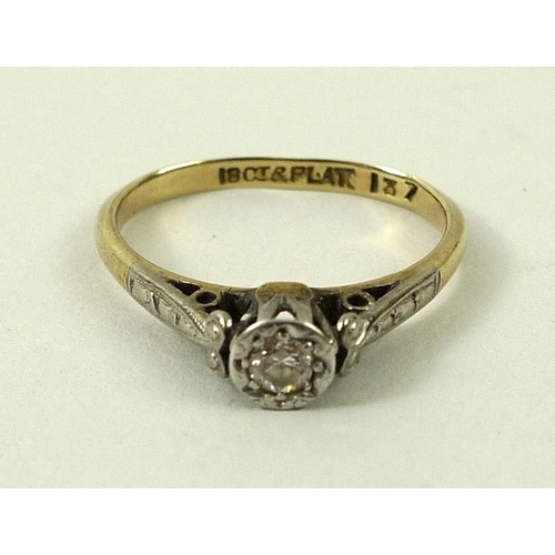 842 - An 18ct gold and diamond solitaire ring, 1930s, the diamond illusion set in platinum, size K, 2.4g.