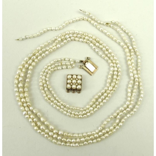 847 - A three strand seed pearl necklace with a square 14ct gold clasp set with nine pearls and four seed ... 