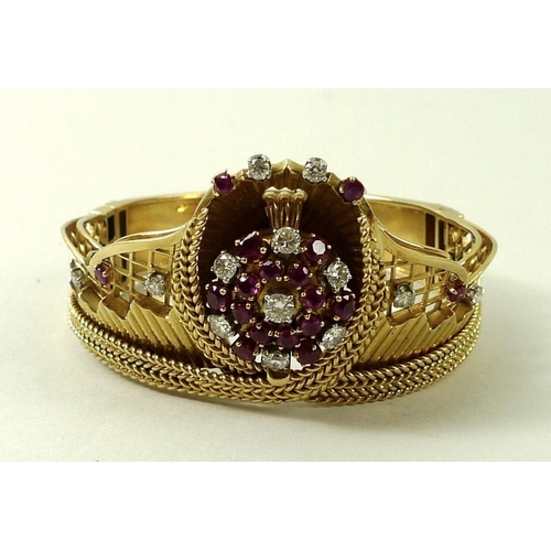 850 - A Rolex 18ct gold diamond and ruby ladies cocktail watch, circa 1960, in the form of a tiara, set wi... 