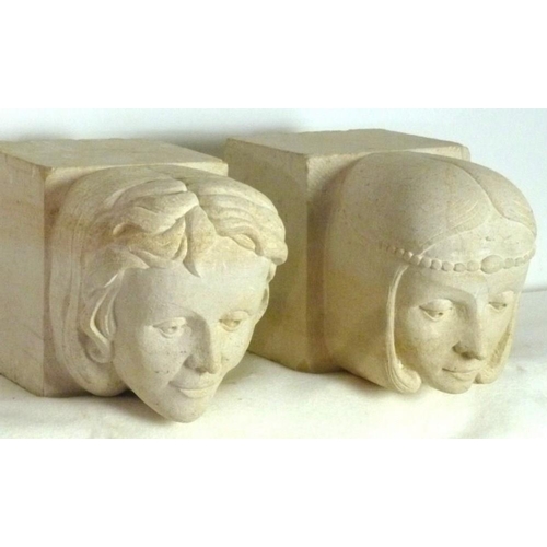 851 - Two Ancaster stone, carved corbels, each depicting a female head, circa 1970, 15 by 18 by 30cm. (2)