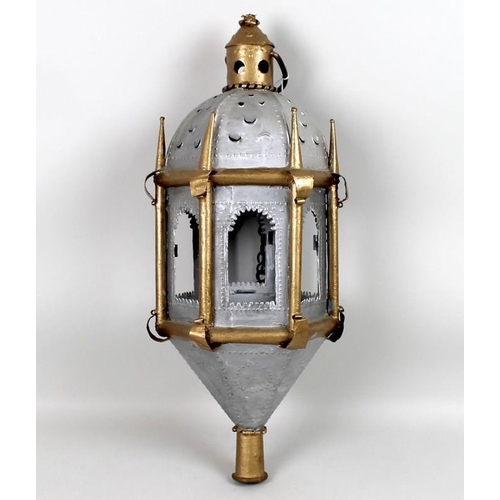 851A - A 19th century Venetian hall lantern, painted gold and silver, with pillars and spires, the dome pie... 