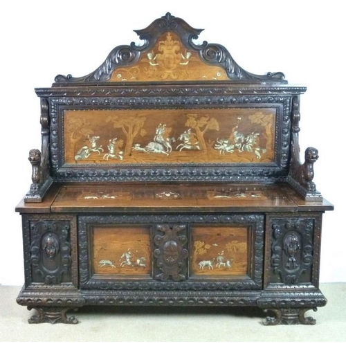 914 - An Italian or South German, elm, satinwood and ivory marquetry inlaid hunter's chest or settle, late... 