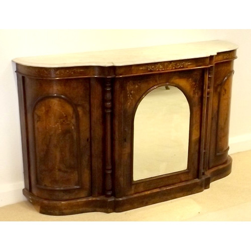 912A - A Victorian burr walnut breakfront credenza, circa 1870, white marble surface over a marquetry inlai... 