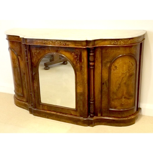 912A - A Victorian burr walnut breakfront credenza, circa 1870, white marble surface over a marquetry inlai... 