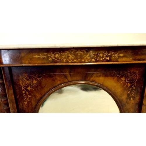 912A - A Victorian burr walnut breakfront credenza, circa 1870, white marble surface over a marquetry inlai... 