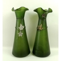 A pair of Bohemian glass vases, each with frilled rim, the conical body with applied metal leaf and ... 