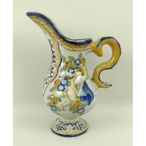 509 - An Italian Albarello jug in yellow and blue glazes, decorated with putti, 22cm.