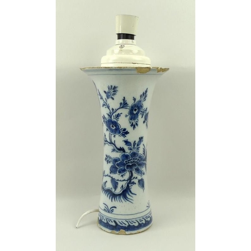 510 - An English Delftware earthenware waisted vase with trumpet flare rim, the underglaze blue cobalt wit... 