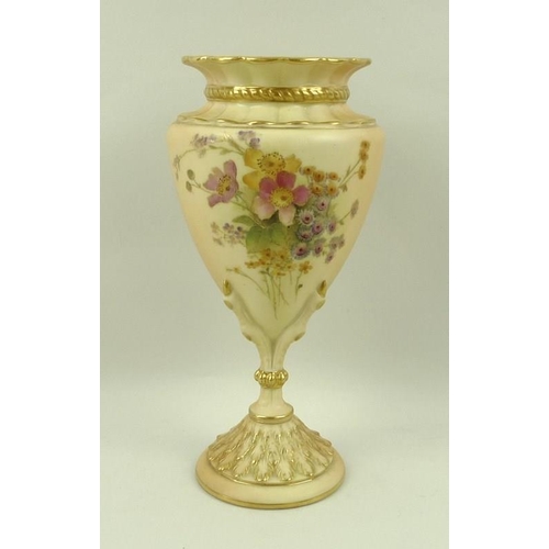 515 - A Royal Worcester blush ivory porcelain vase, the body painted with flowers, with gilded highlights ... 