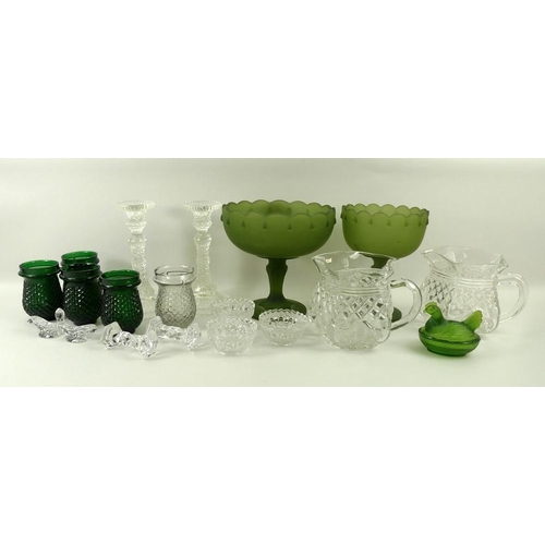 536 - A collection of various glassware comprising a set of four Victorian green glass tea light holders, ... 