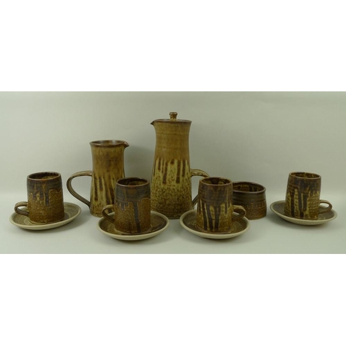 537 - A St Ives pottery coffee set, drip glazed, base stamped 'St Ives 1974', comprising coffee pot, 22cm,... 
