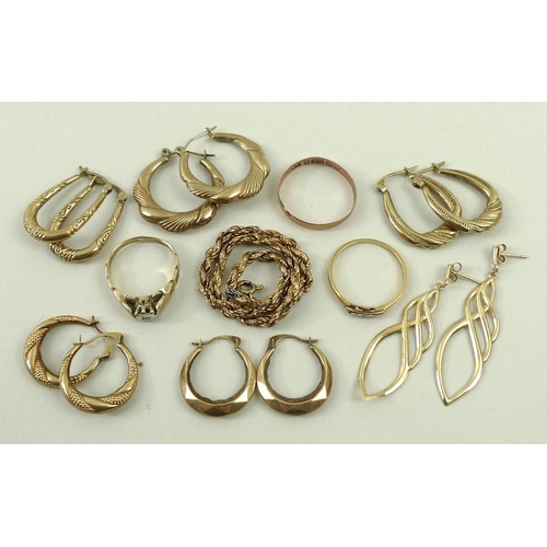 795 - A collection of gold jewellery comprising a 9ct gold ring set with a small diamond, the band with gr... 