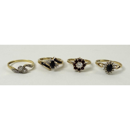 806 - An 18ct gold and diamond crossover ring, size O, 2.5g, an 18k gold ring, size N, and two 9ct gold ri... 