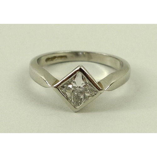 820 - A solitaire diamond ring, princess cut, on a platinum 950 band, colour F, 0.68ct, size L, 4.8g, with... 