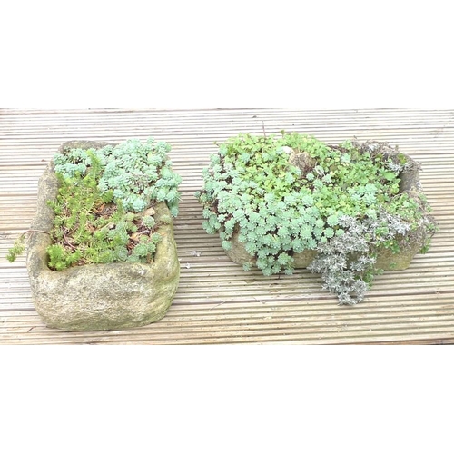 832 - Two vintage composition stone troughs, planted with alpine plants, each 46 by 30 by 16cm high. (2)