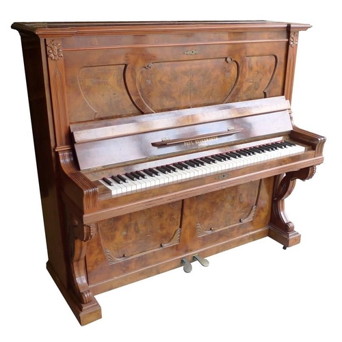 841 - A late 19th century German walnut upright piano, by Paul Klindworth, Berlin, the case richly decorat... 