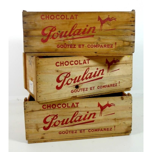 851 - Three 'Chocolat Poulain' wooden crates, mid 20th century, with original handwritten labels, used for... 