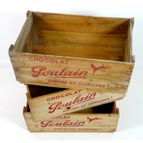 851 - Three 'Chocolat Poulain' wooden crates, mid 20th century, with original handwritten labels, used for... 